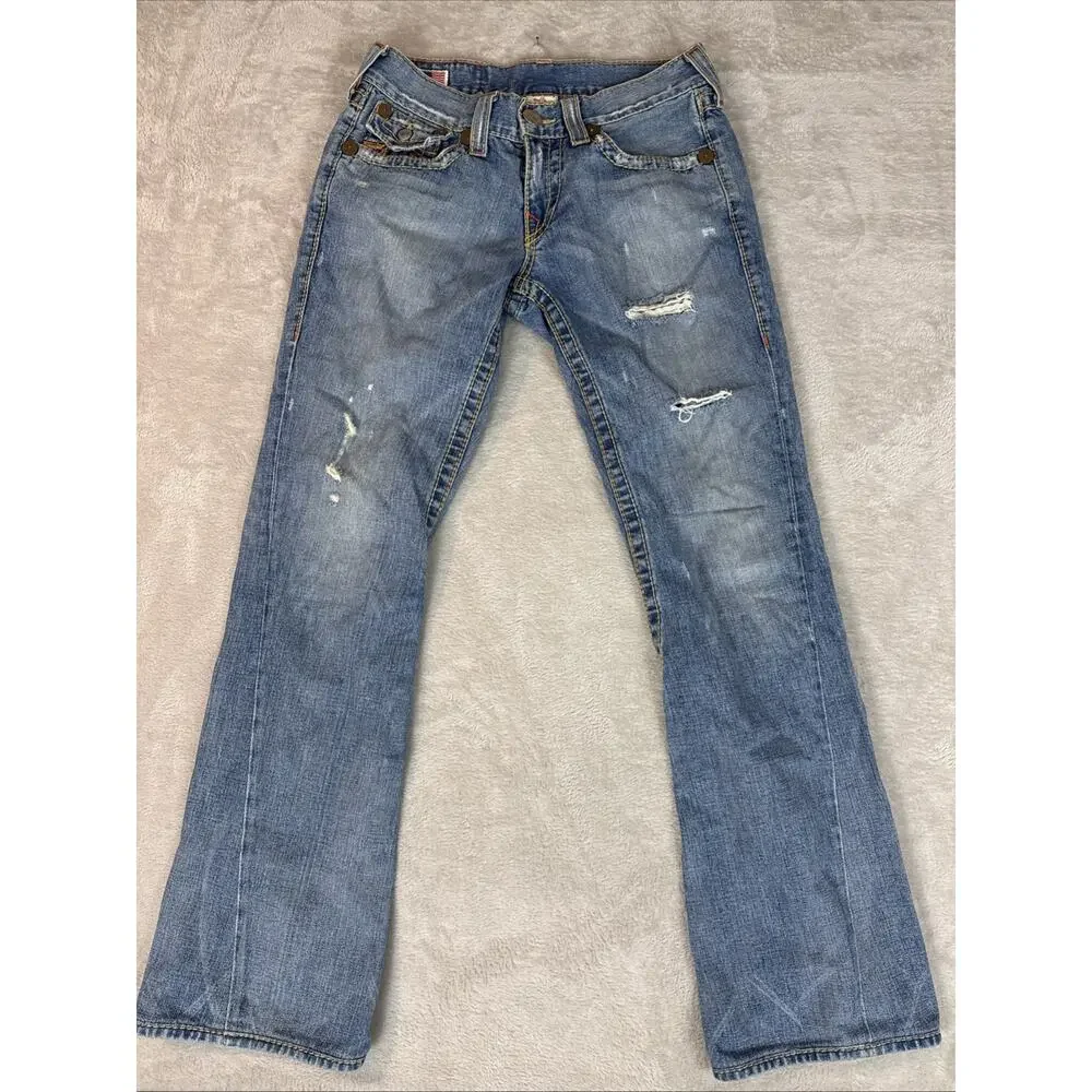 VINTAGE True Religion Rainbow Joey Distressed Low Rise Flared Jeans Retro Men’s